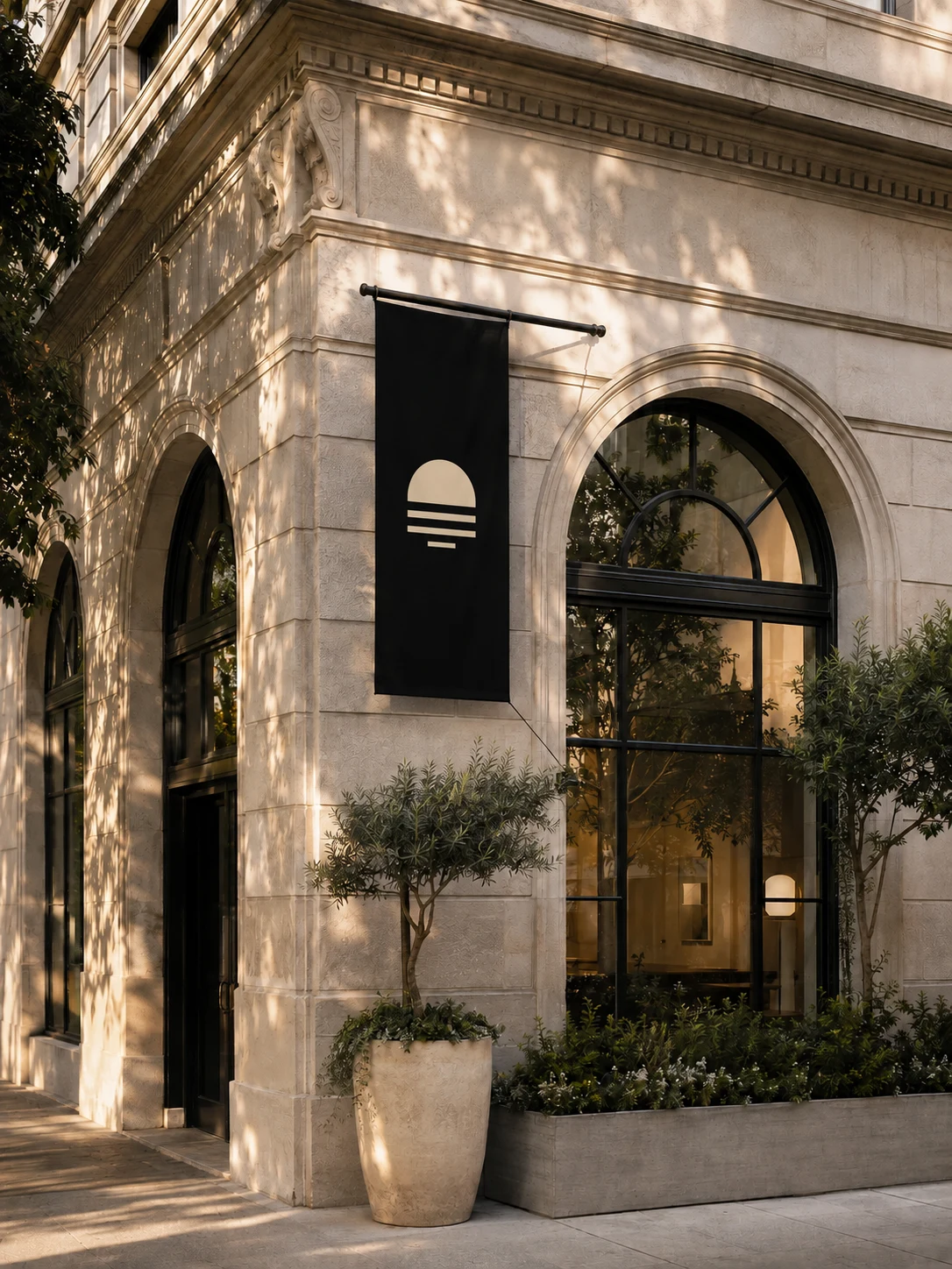 Sunlight and tree shadows across a California-inspired limestone storefront with arched windows. Architectural illustration.